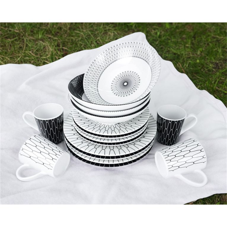 stoviglie in melamina black-white 16 pz per 4 persone