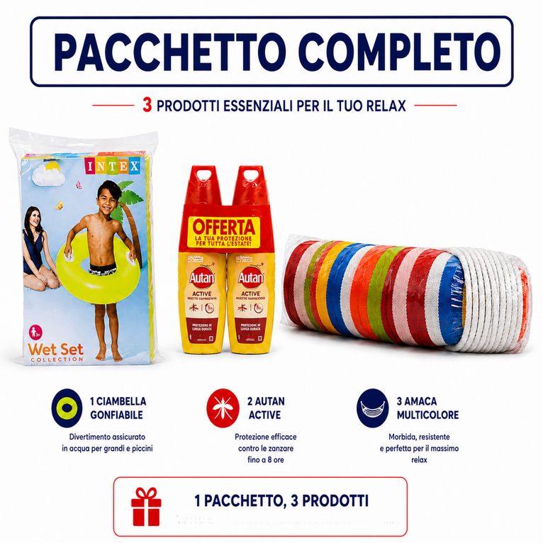 kit outdoor campeggio con amaca, autan e gonfiabile