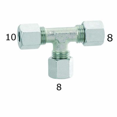 RACCORDO GAS A T IN ACCIAIO ZINC. DIAM.10/8/8MM. CF.PZ: