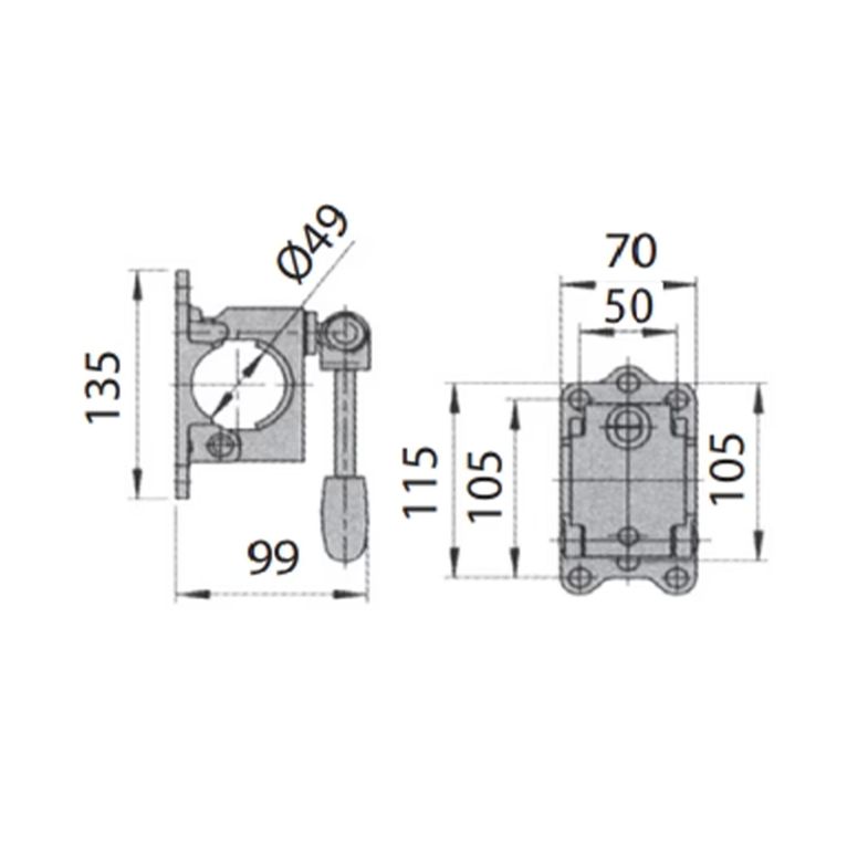 supporto ruotino ø 48 mm (6 fori) con maniglia a cernier