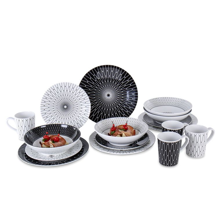 stoviglie in melamina black-white 16 pz per 4 persone