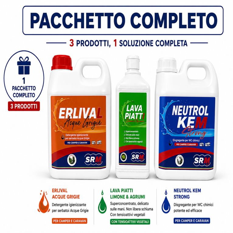 kit disgregante wc con sapone lavapiatti e detergente acque grigie
