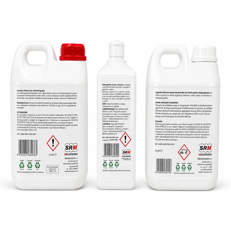 kit disgregante wc con sapone lavapiatti e detergente acque grigie