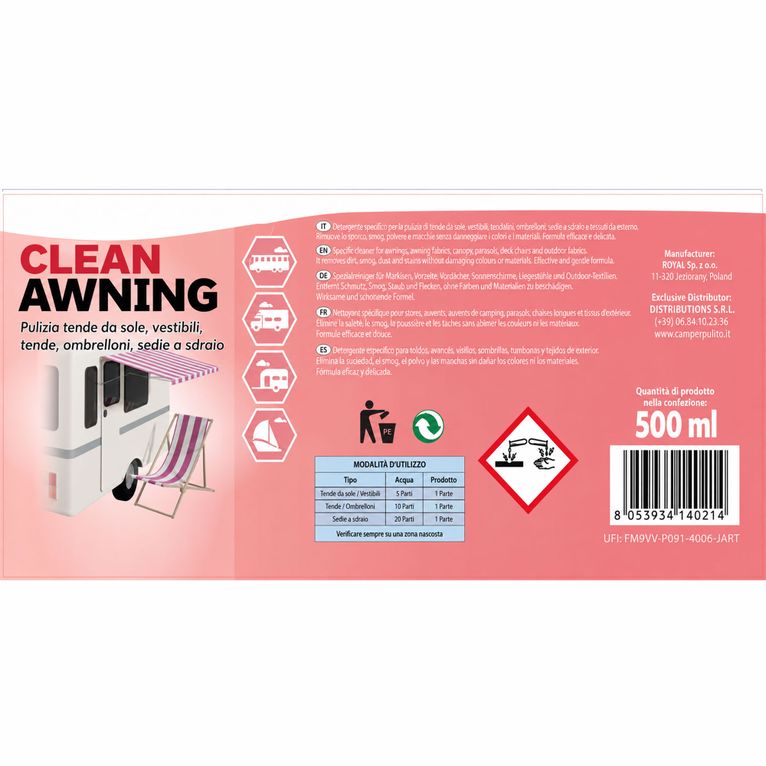 clean awning 500 ml detergente per tendalini camper e caravan
