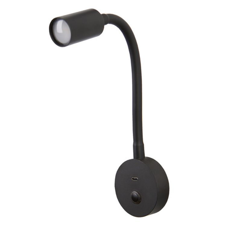 lampada led collo di cigno nera 200 mm con usb-c